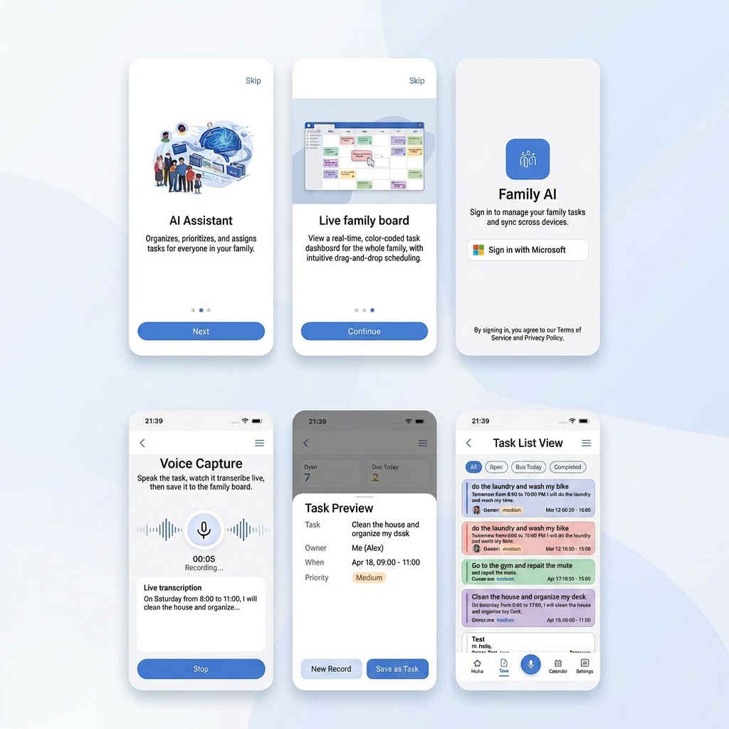 Family AI design system: onboarding, sign-in, voice capture, task preview and task list screens